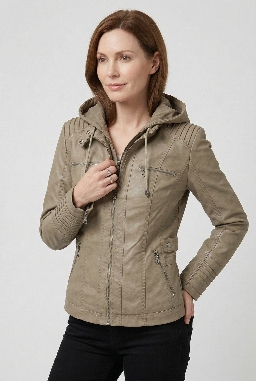 Women's Hooded Faux Leather Jacket with Zip Up and Pockets