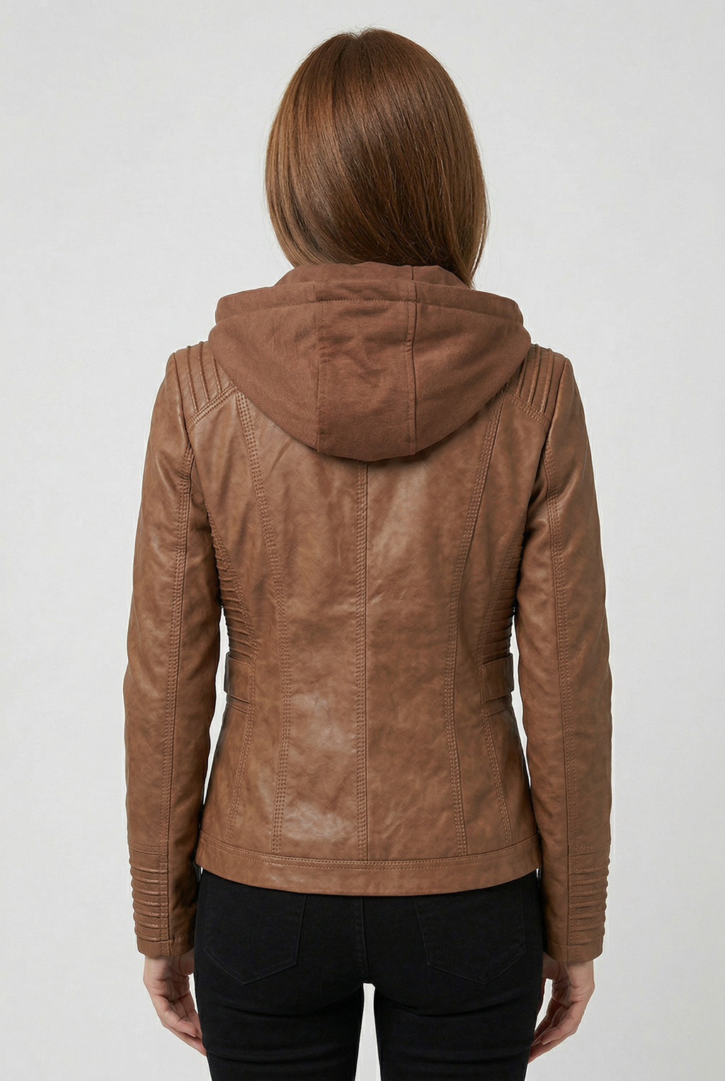 Women's Hooded Faux Leather Jacket with Zip Up and Pockets