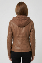 Women's Hooded Faux Leather Jacket with Zip Up and Pockets