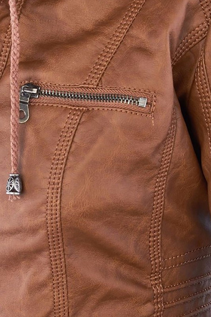 Women's Hooded Faux Leather Jacket with Zip Up and Pockets