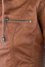 Women's Hooded Faux Leather Jacket with Zip Up and Pockets