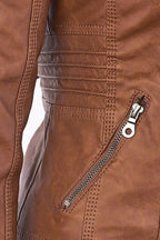 Women's Hooded Faux Leather Jacket with Zip Up and Pockets