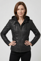 Women's Hooded Faux Leather Jacket with Zip Up and Pockets