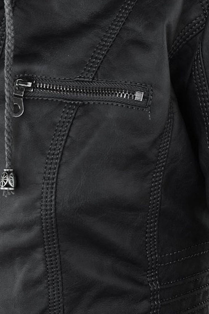 Women's Hooded Faux Leather Jacket with Zip Up and Pockets