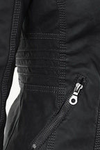 Women's Hooded Faux Leather Jacket with Zip Up and Pockets