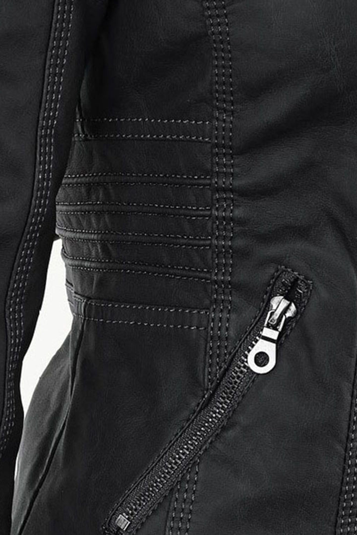 Women's Hooded Faux Leather Jacket with Zip Up and Pockets