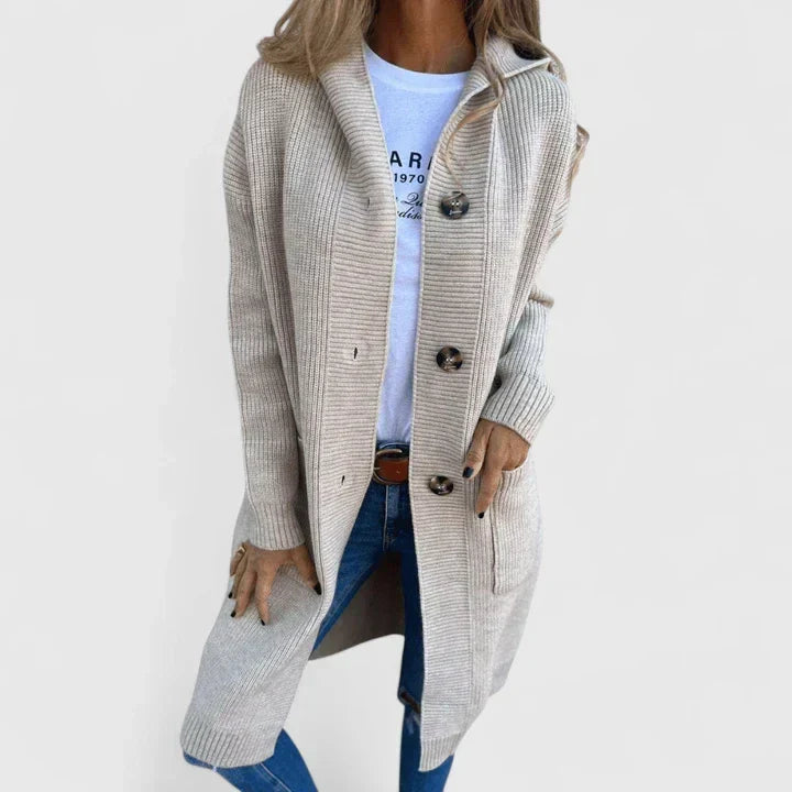 Women's Hooded Longline Ribbed Cardigan with Button Front and Pockets
