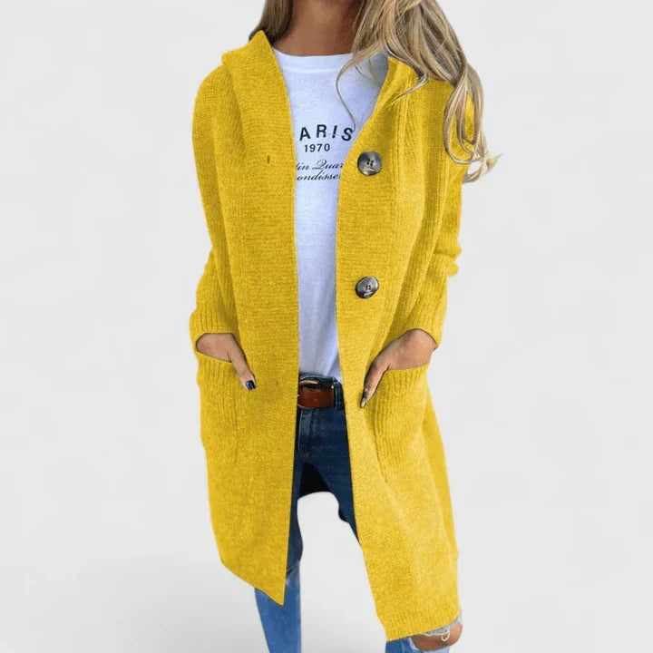 Women's Hooded Longline Ribbed Cardigan with Button Front and Pockets