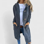 Women's Hooded Longline Ribbed Cardigan with Button Front and Pockets
