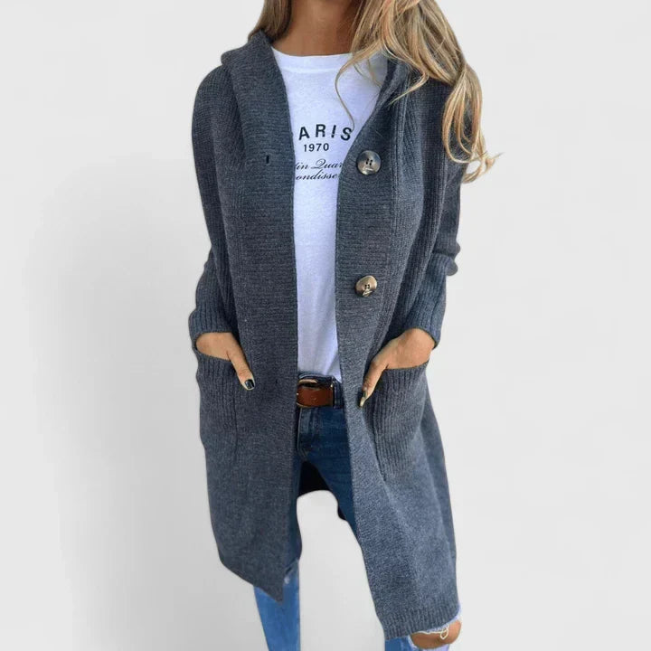 Women's Hooded Longline Ribbed Cardigan with Button Front and Pockets