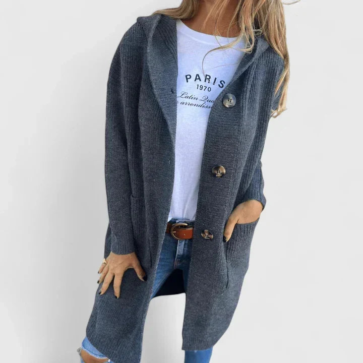 Women's Hooded Longline Ribbed Cardigan with Button Front and Pockets