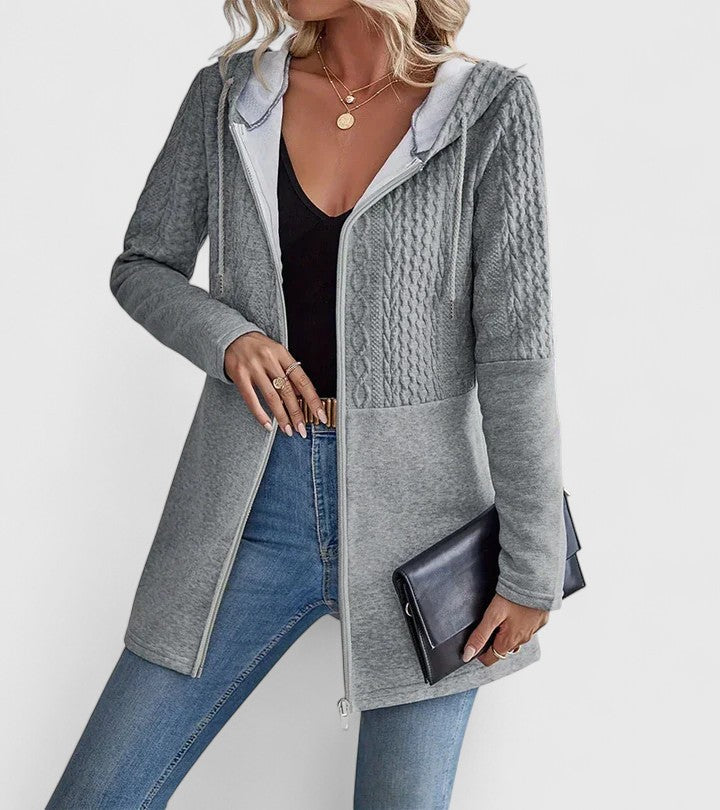 Women's Hooded Cable Jacket with Zip Front