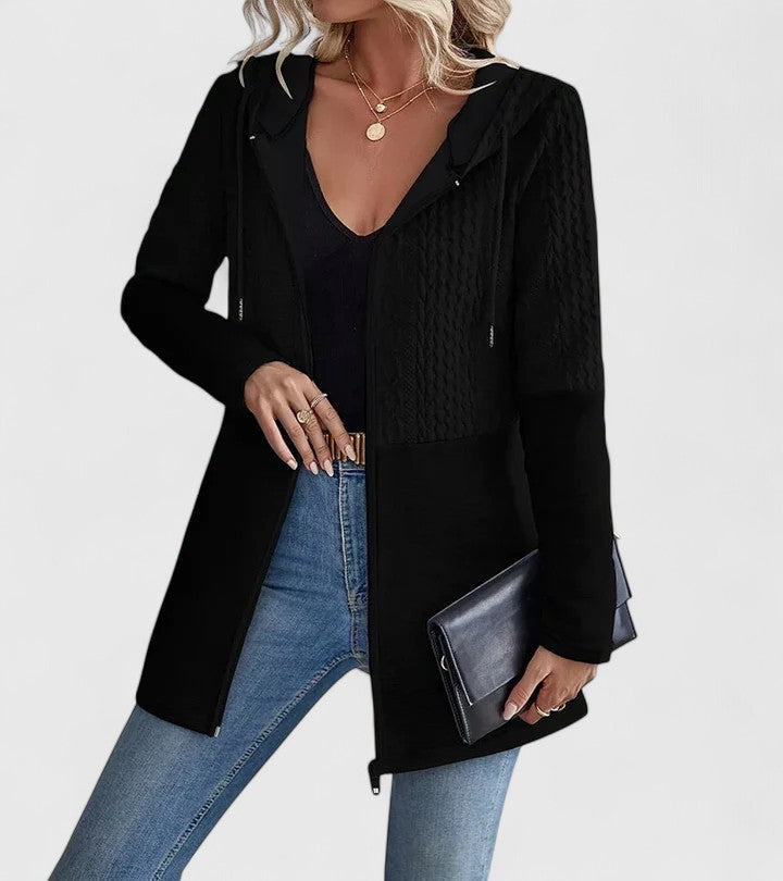 Women's Hooded Cable Jacket with Zip Front