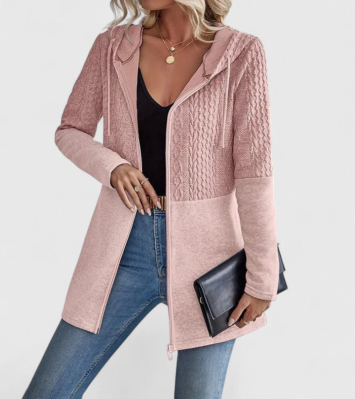 Women's Hooded Cable Jacket with Zip Front