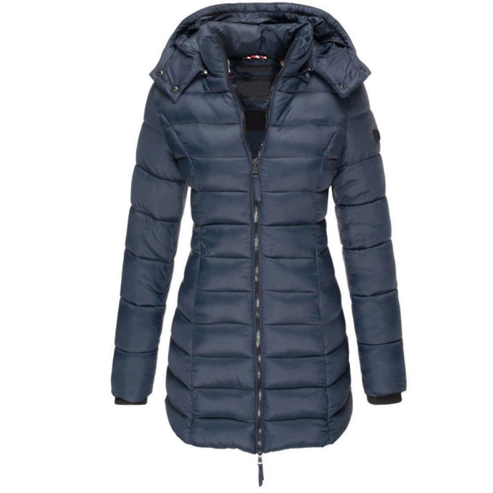 Women's Puffer Coat with Detachable Hood and Zip Front