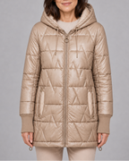 Women's Hooded Quilted Puffer Jacket with Zip Front and Padded Lining - Beige