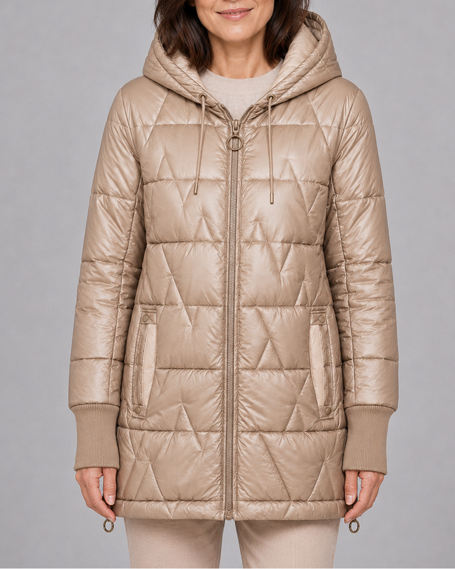 Women's Hooded Quilted Puffer Jacket with Zip Front and Padded Lining - Beige