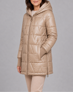 Women's Hooded Quilted Puffer Jacket with Zip Front and Padded Lining - Beige