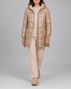 Women's Hooded Quilted Puffer Jacket with Zip Front and Padded Lining - Beige