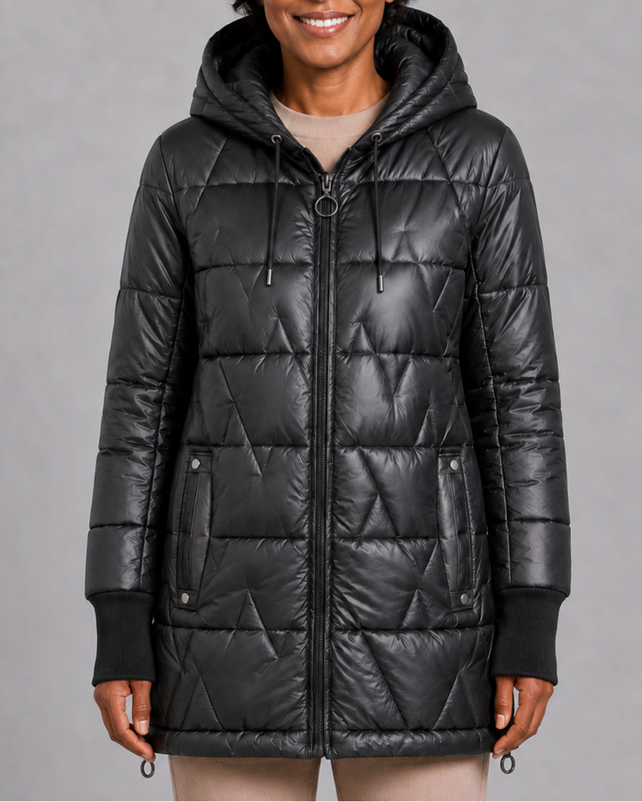 Women's Hooded Quilted Puffer Jacket with Zip Front and Padded Lining - Black