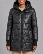 Women's Hooded Quilted Puffer Jacket with Zip Front and Padded Lining - Black