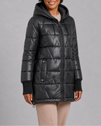 Women's Hooded Quilted Puffer Jacket with Zip Front and Padded Lining - Black