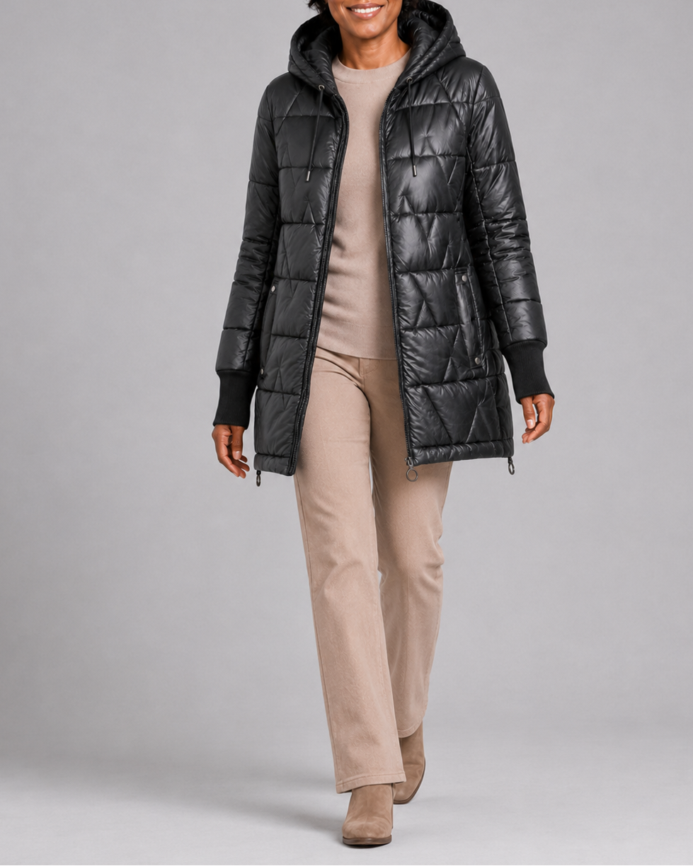 Women's Hooded Quilted Puffer Jacket with Zip Front and Padded Lining - Black