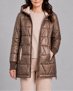 Women's Hooded Quilted Puffer Jacket with Zip Front and Padded Lining - Brown