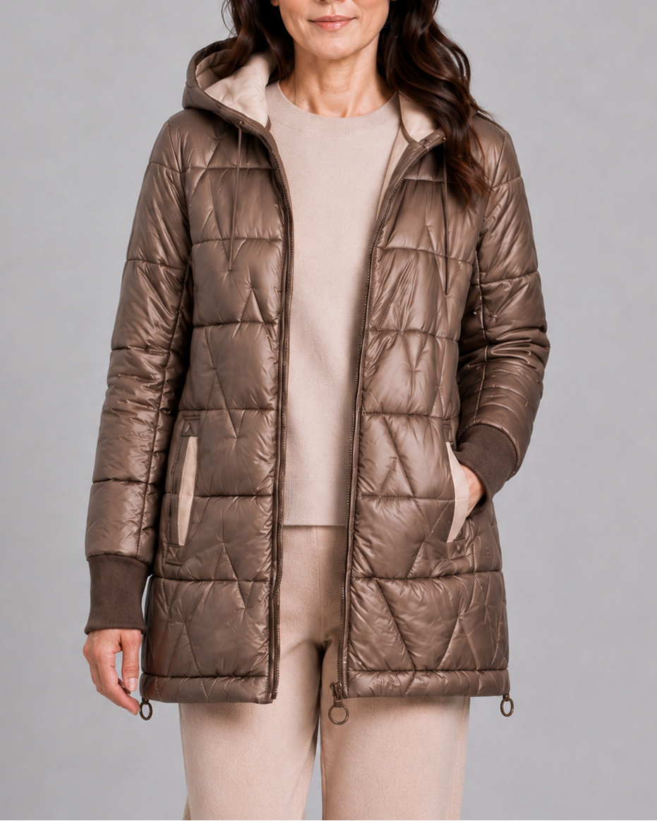 Women's Hooded Quilted Puffer Jacket with Zip Front and Padded Lining - Brown