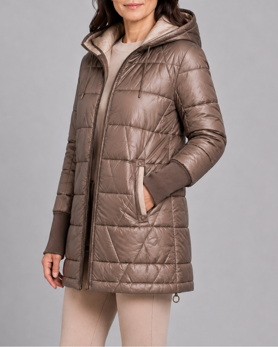 Women's Hooded Quilted Puffer Jacket with Zip Front and Padded Lining - Brown