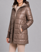 Women's Hooded Quilted Puffer Jacket with Zip Front and Padded Lining - Brown