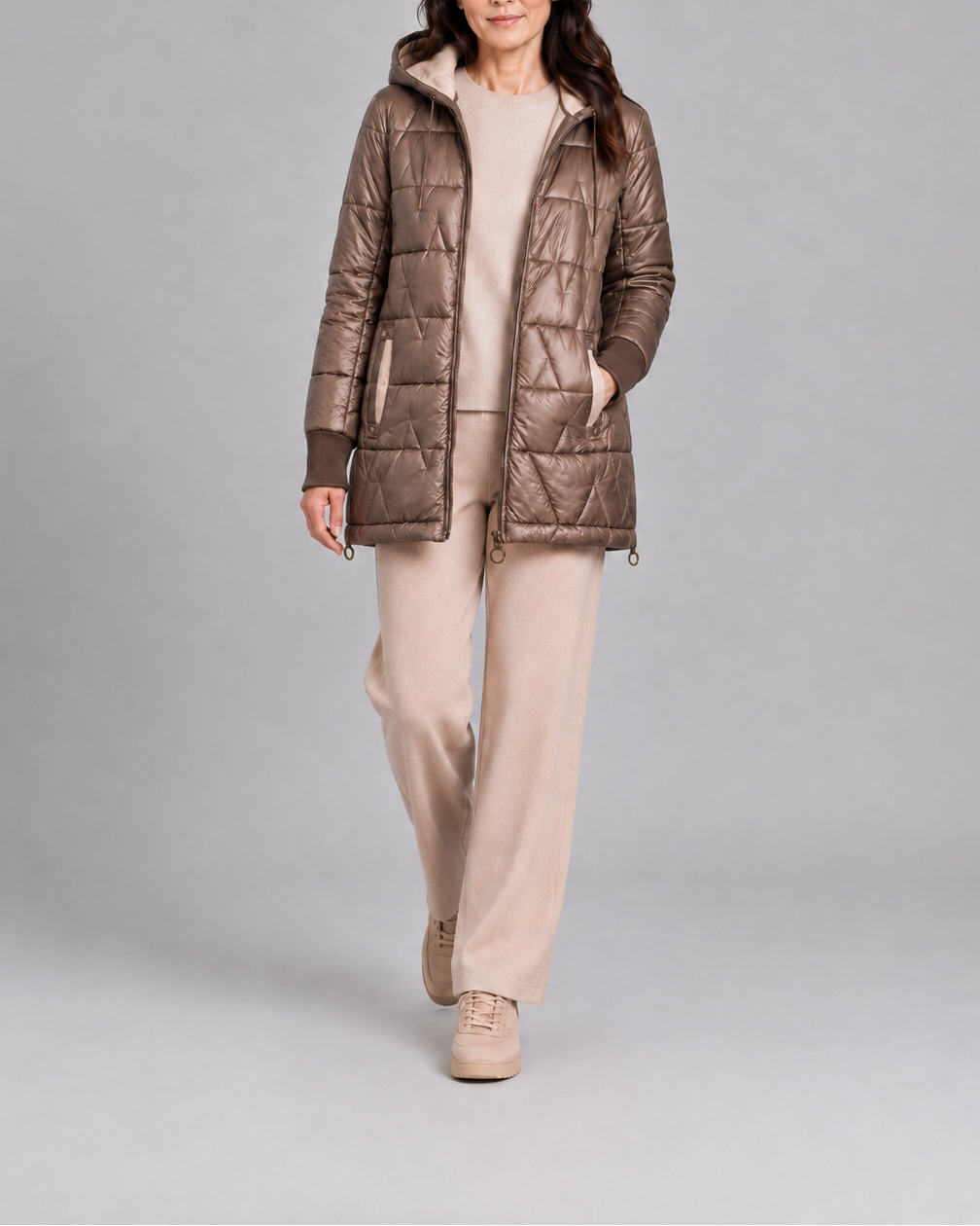 Women's Hooded Quilted Puffer Jacket with Zip Front and Padded Lining - Brown