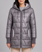 Women's Hooded Quilted Puffer Jacket with Zip Front and Padded Lining - Grey