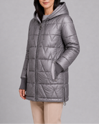 Women's Hooded Quilted Puffer Jacket with Zip Front and Padded Lining - Grey