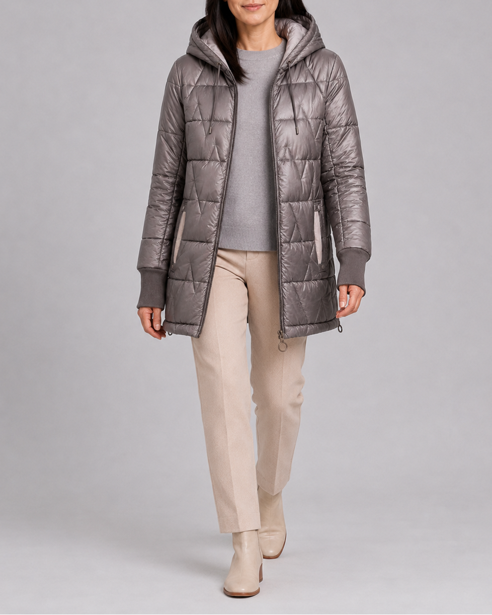 Women's Hooded Quilted Puffer Jacket with Zip Front and Padded Lining - Grey