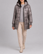 Women's Hooded Quilted Puffer Jacket with Zip Front and Padded Lining - Grey