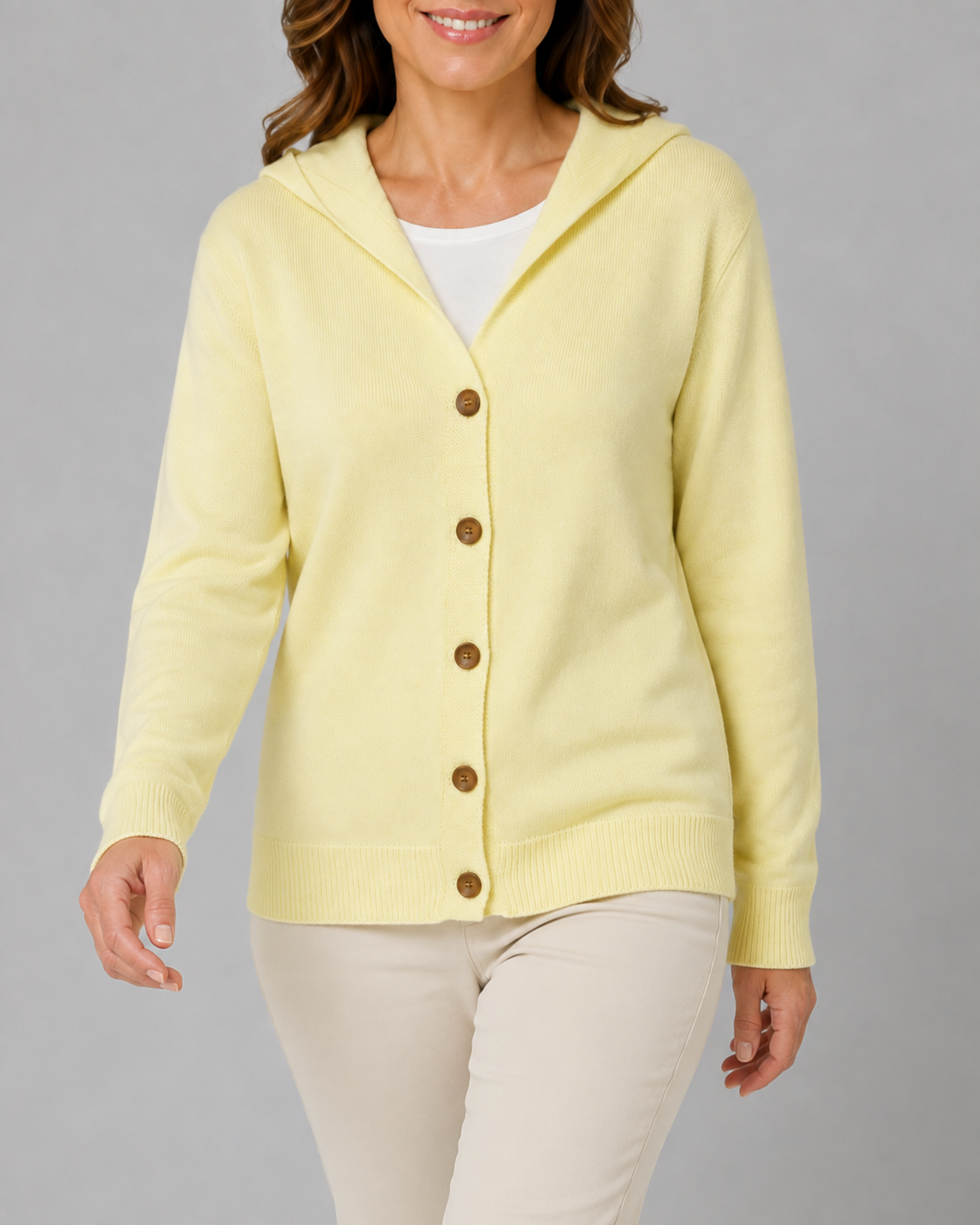 Women's Hooded Button Up V Neck Relaxed Knit Cardigan