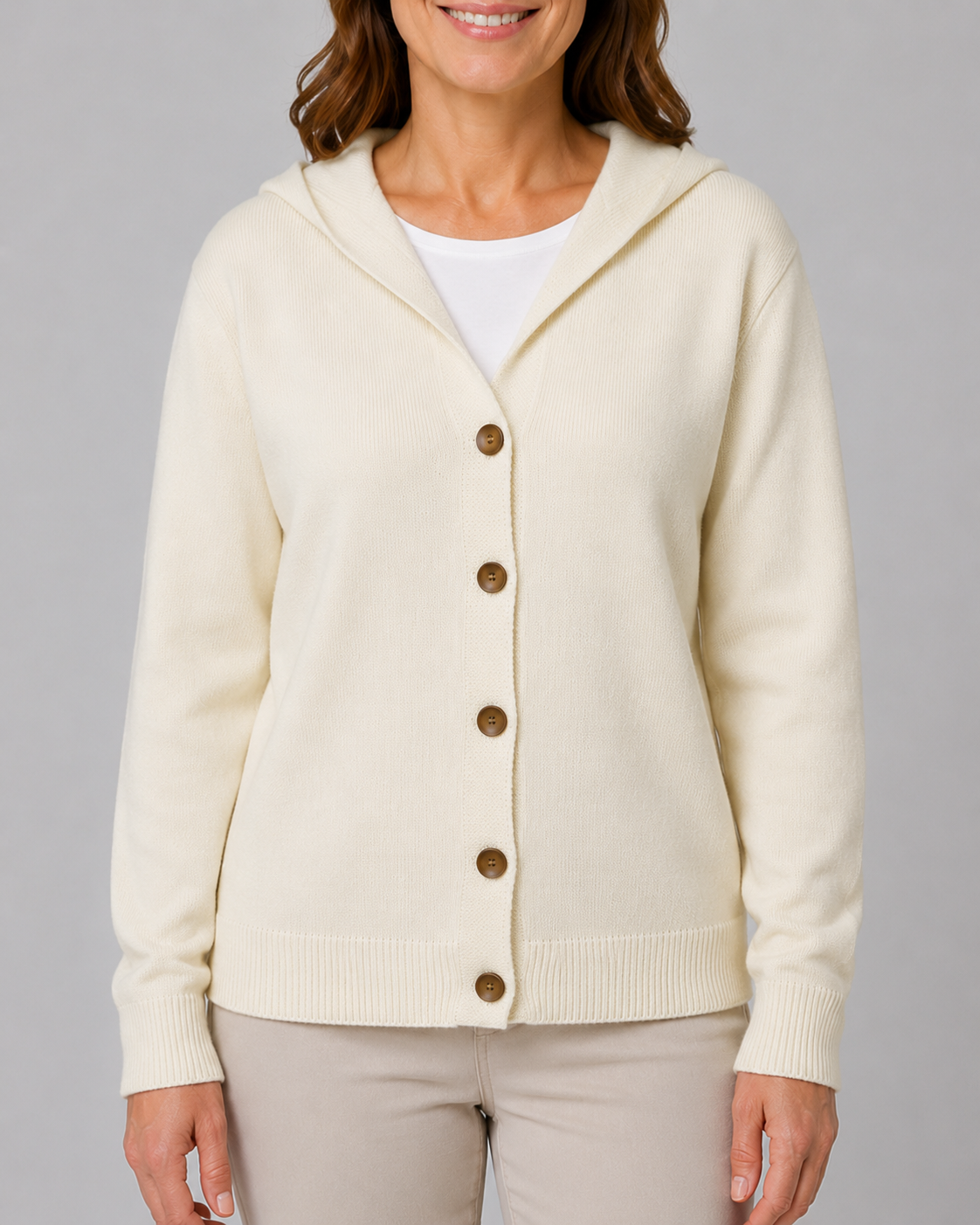 Women's Hooded Button Up V Neck Relaxed Knit Cardigan