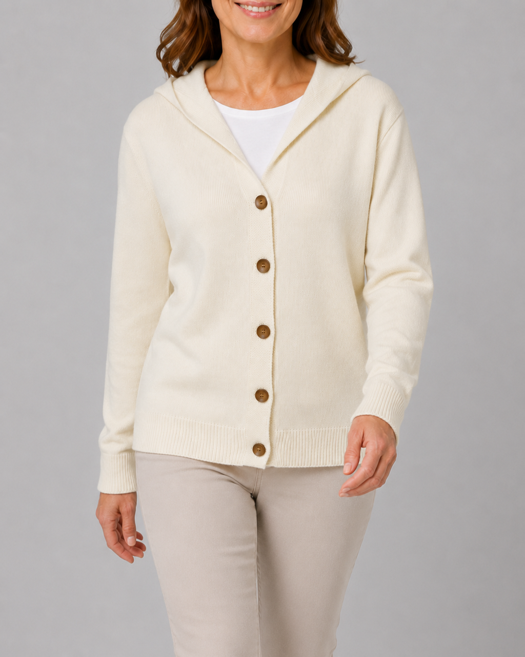 Women's Hooded Button Up V Neck Relaxed Knit Cardigan
