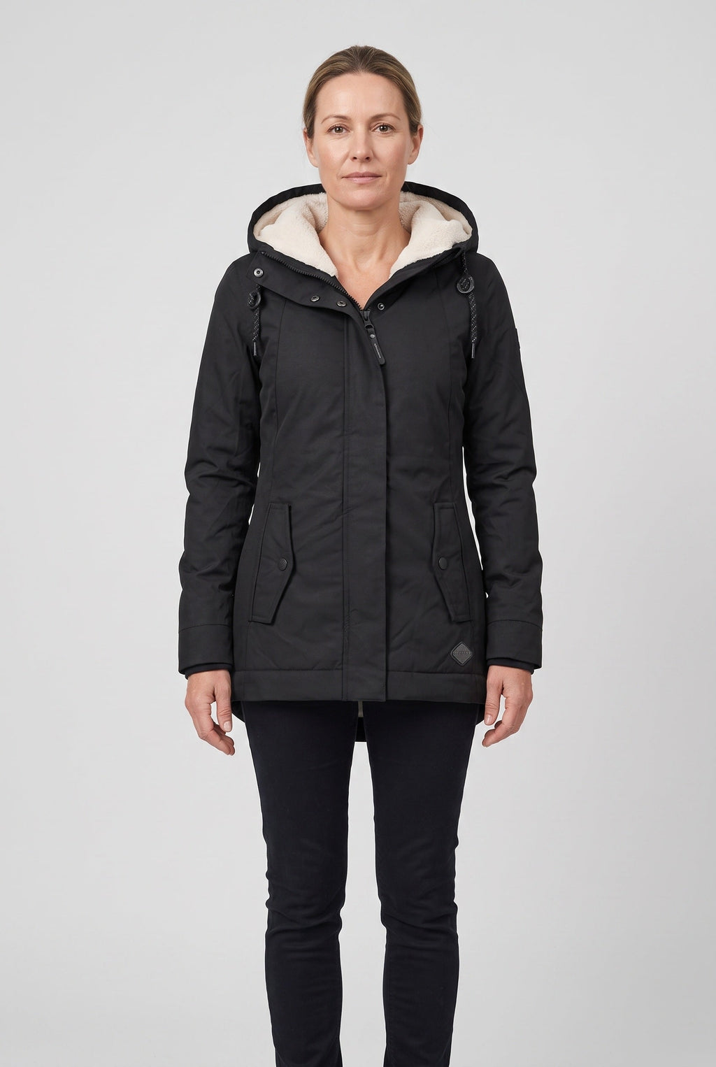 Women's Hooded Padded Coat with Sherpa Lining and Zip Front