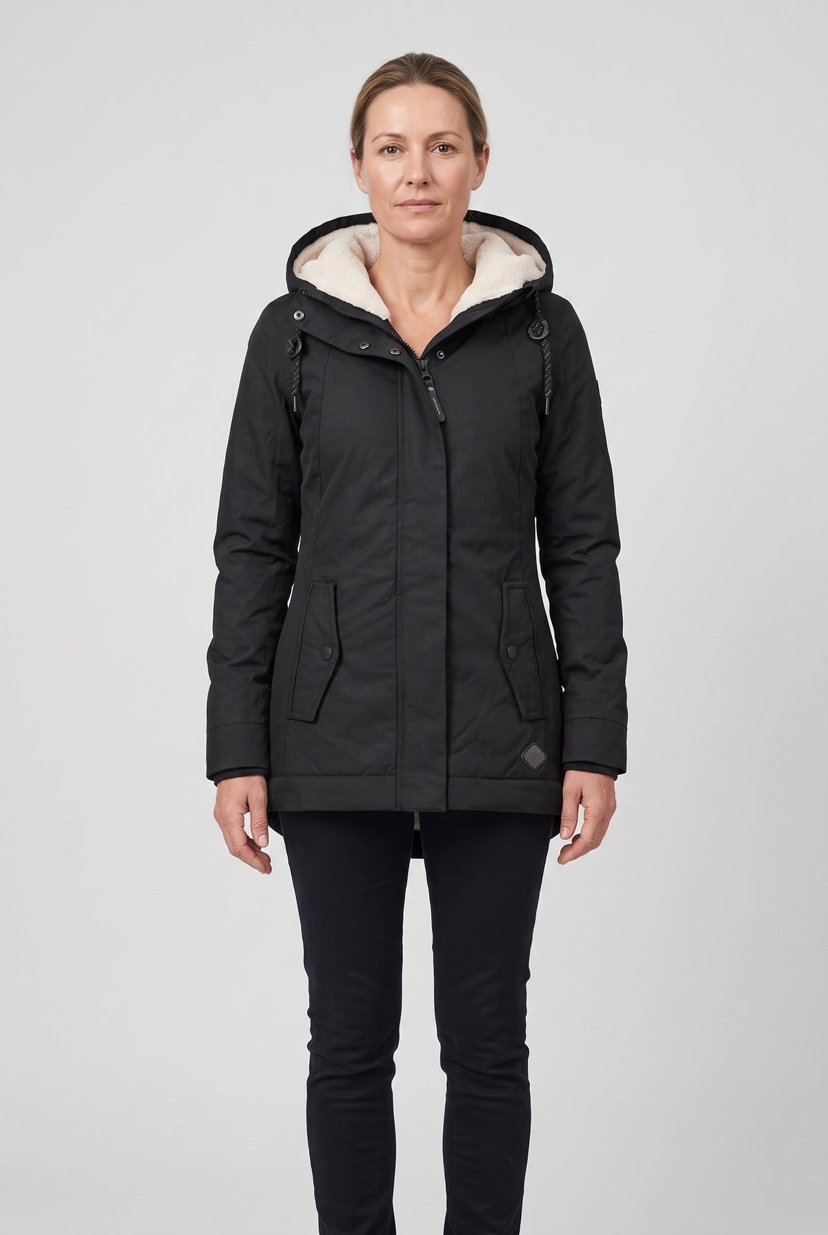 Women's Hooded Padded Coat with Sherpa Lining and Zip Front