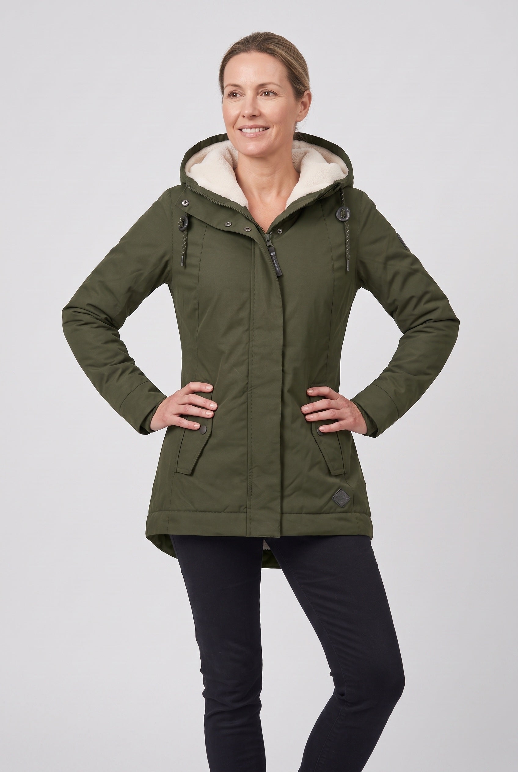 Women's Hooded Padded Coat with Sherpa Lining and Zip Front