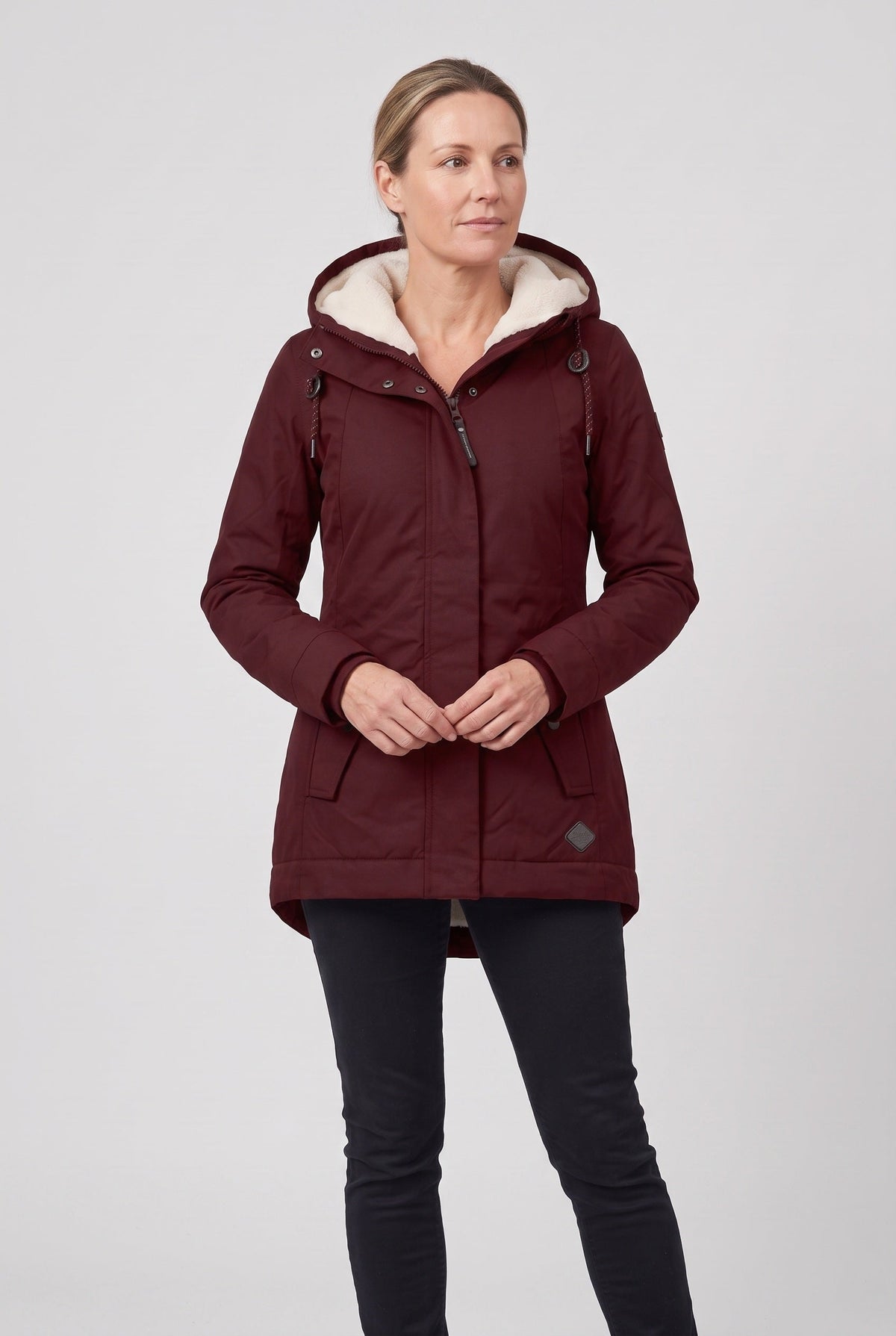 Women's Hooded Padded Coat with Sherpa Lining and Zip Front