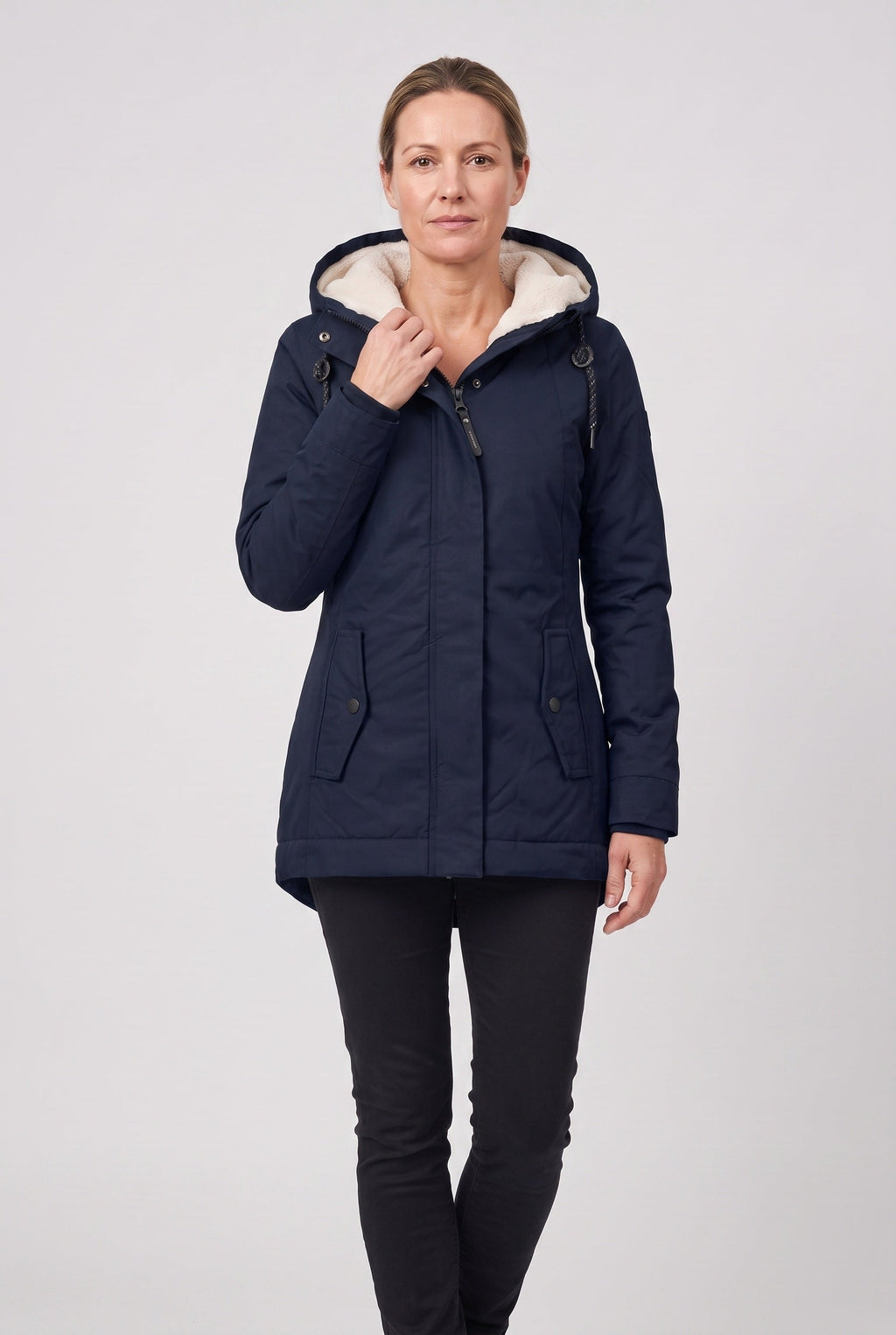 Women's Hooded Padded Coat with Sherpa Lining and Zip Front