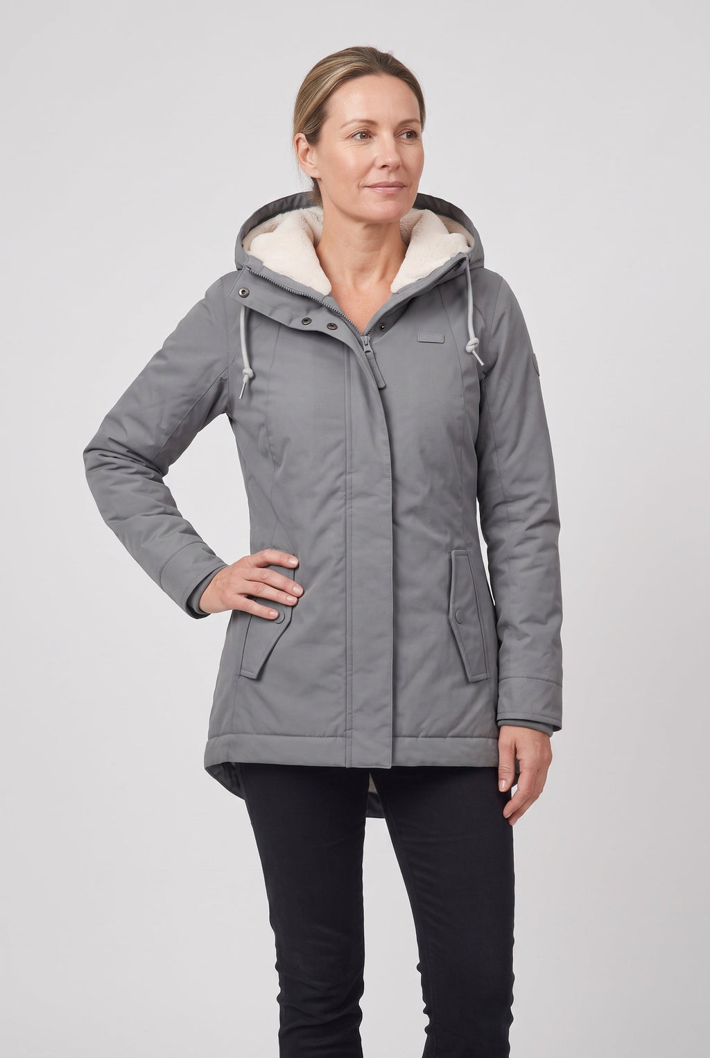 Women's Hooded Padded Coat with Sherpa Lining and Zip Front