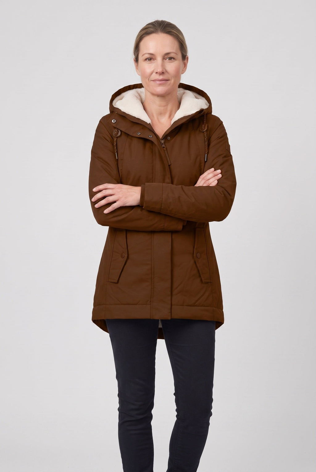 Women's Hooded Padded Coat with Sherpa Lining and Zip Front