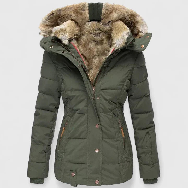 Women's Quilted Parka with Faux Fur Lining and Zip Front