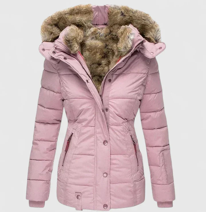 Women's Quilted Parka with Faux Fur Lining and Zip Front