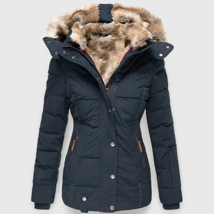 Women's Quilted Parka with Faux Fur Lining and Zip Front