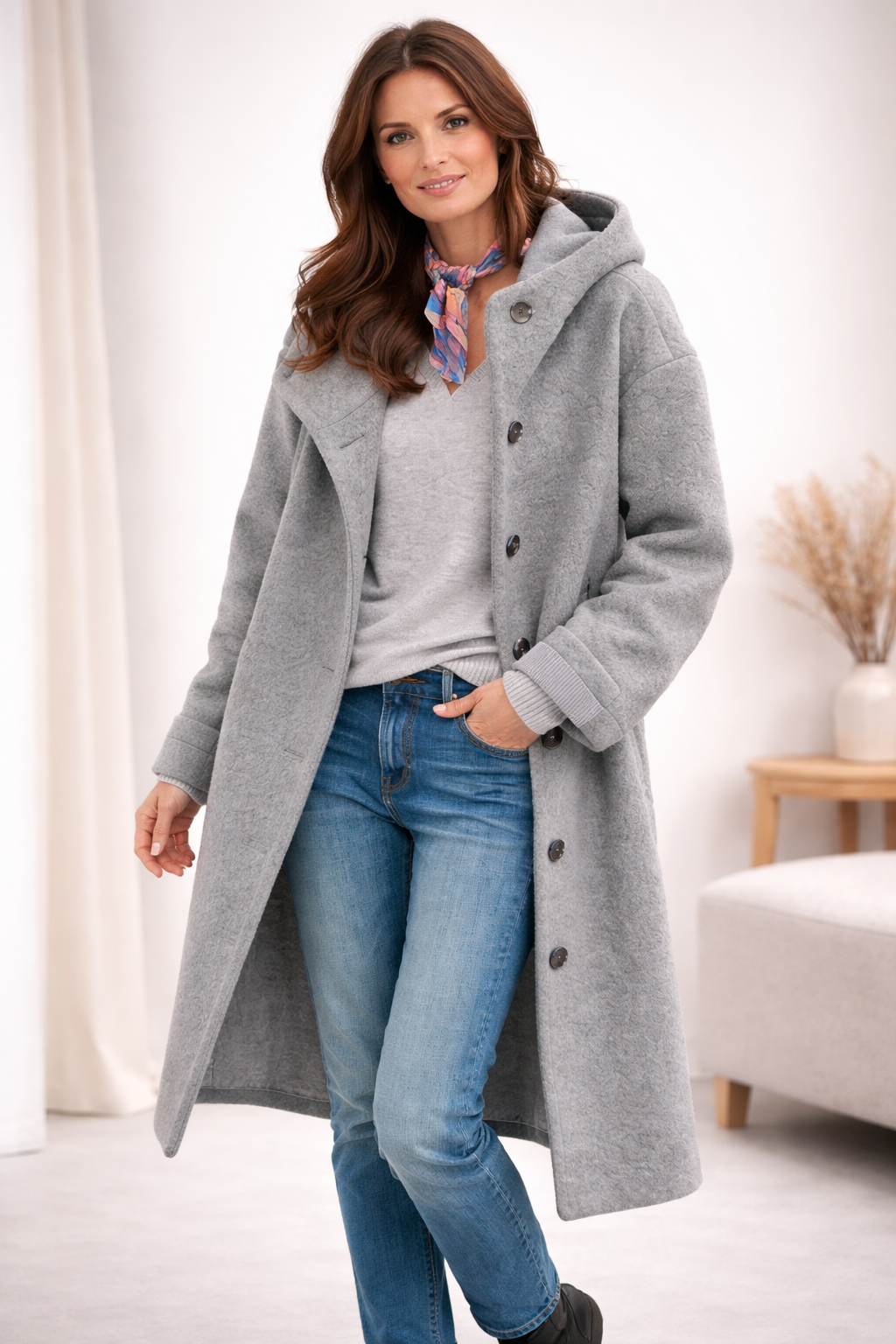 Women's Hooded Wool Blend Coat with Button Front and Pockets